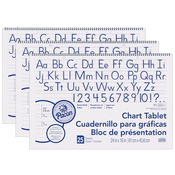 Pacon Chart Tablet, Manuscript Cover, Ruled, 24 x 16, 25 Sheets/Tablet, PK3 74720 - main